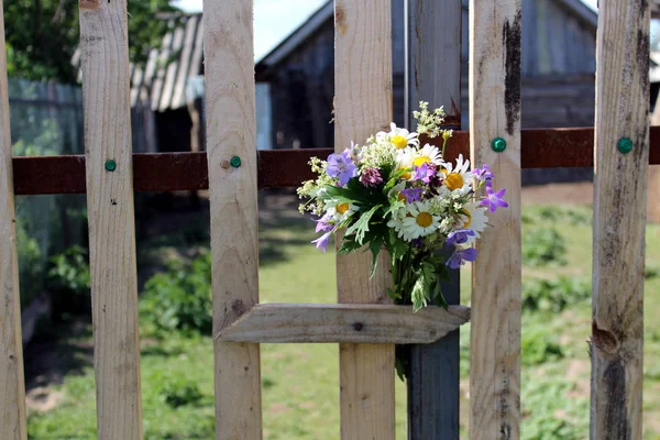 フェンスの板の間に隠された野生の花の花束 — ストック写真