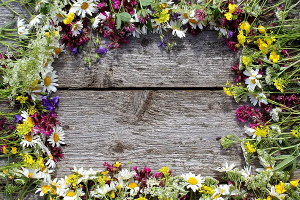 Ein Strauß Wildblumen Liegt Auf Einem Holztisch Form Eines Rahmens — Stockfoto