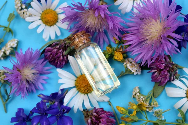 Textur Von Wildblumen Auf Blauem Hintergrund Mit Einem Fläschchen — Stockfoto