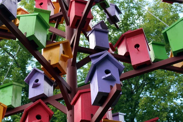 Kleurrijke Huizen Voor Vogels Nesten Dozen Van Heldere Verschillende Kleuren — Stockfoto