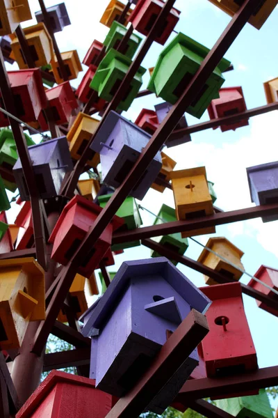 Casas Coloridas Para Pájaros Cajas Anidación Diferentes Colores Brillantes — Foto de Stock