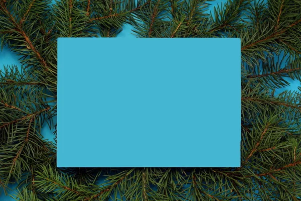Rahmen Aus Tannenzweigen Auf Blauem Hintergrund — Stockfoto