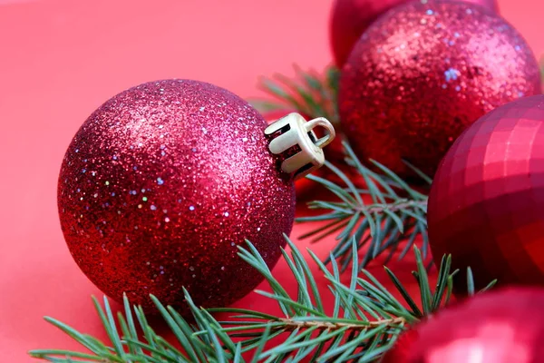Christmas Toys Balls Red Red Background — Stock Photo, Image