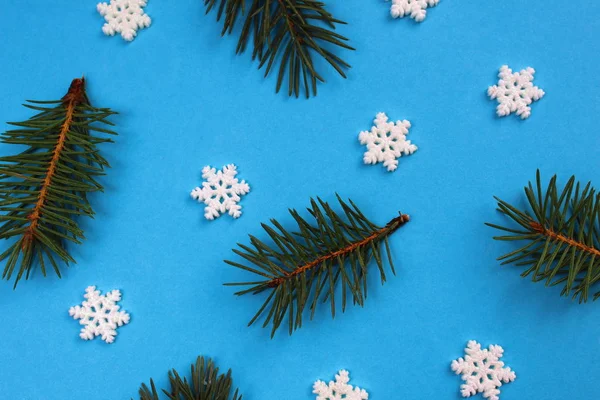 Textuur Van Sterren Sneeuwvlokken Dennentakken — Stockfoto