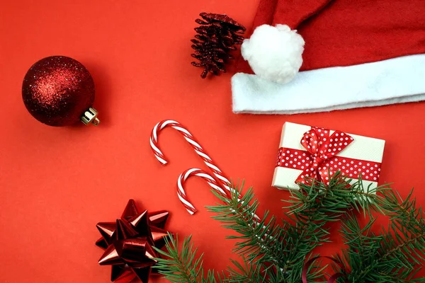 Textura Clima Natal Criado Por Brinquedos Natal Doces Chapéu Santa — Fotografia de Stock