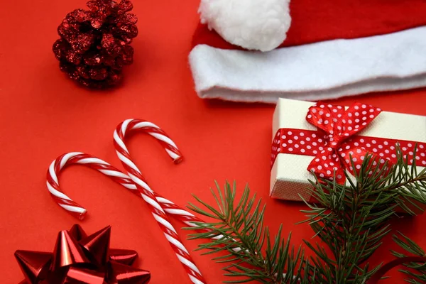 Textura Clima Natal Criado Por Brinquedos Natal Doces Chapéu Santa — Fotografia de Stock