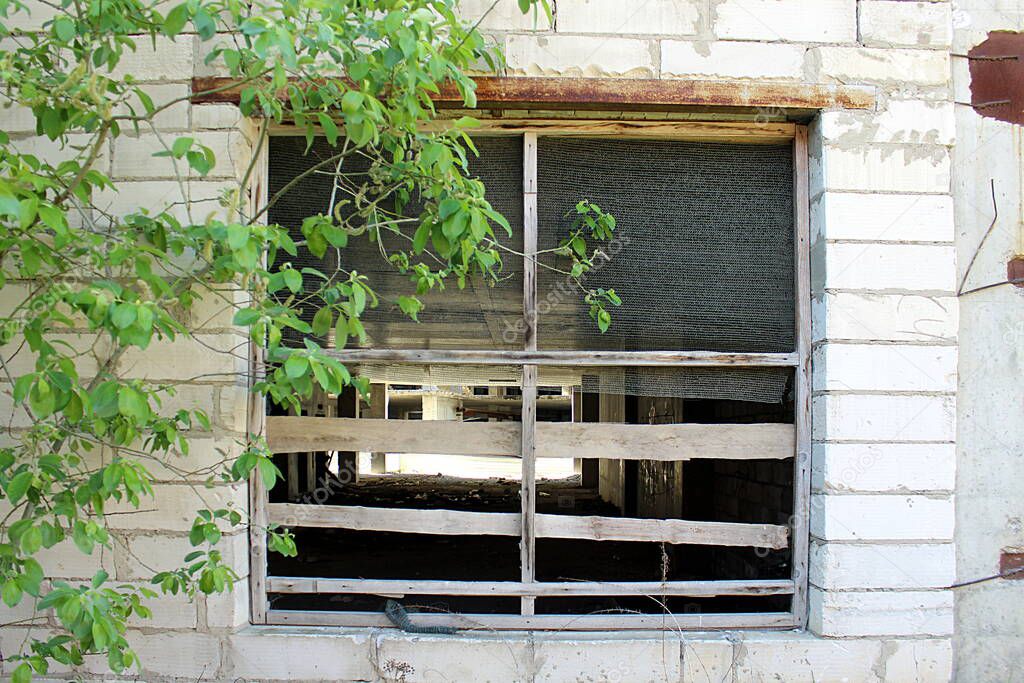 View of an abandoned construction site through a large window boarded up with boards
