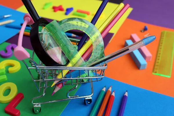 Carrinho Pequeno Contém Material Escritório Para Escola — Fotografia de Stock