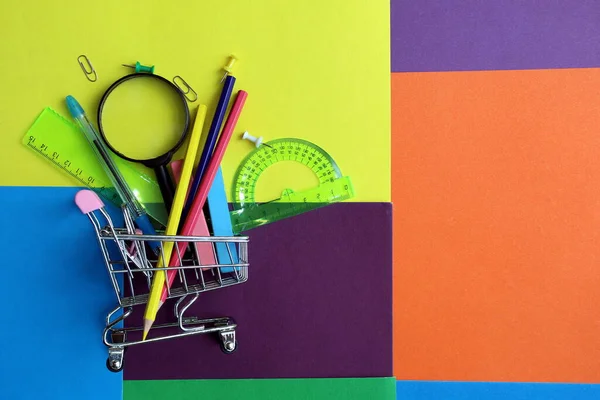 School Supplies Study Grocery Cart Bright Colorful Background — Stock Photo, Image