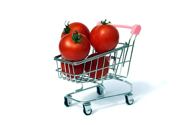 Shopping Cart Red Ripe Tomatoes White Background — Stock Photo, Image