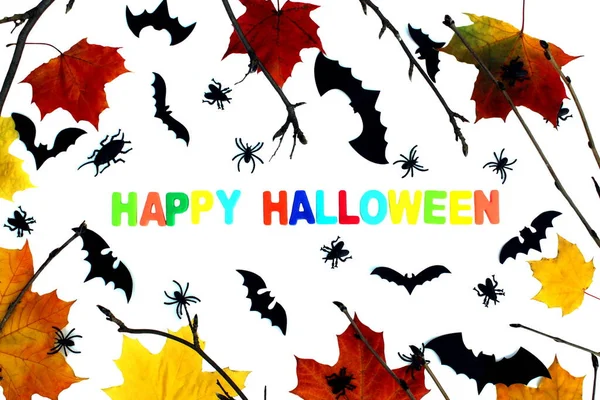 Halloween Theme Twigs Bat Silhouette Autumn Leaves Happy Halloween Lettering — Stock Photo, Image