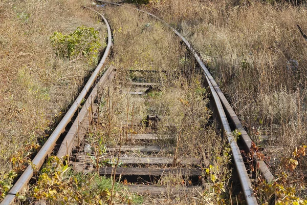 Chemin Fer Rails Vieilles Voies Ferrées Abandonnées Sur Sol Pierre — Photo