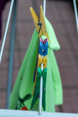 Bahçede bir sürü renkli plastik mandal var.