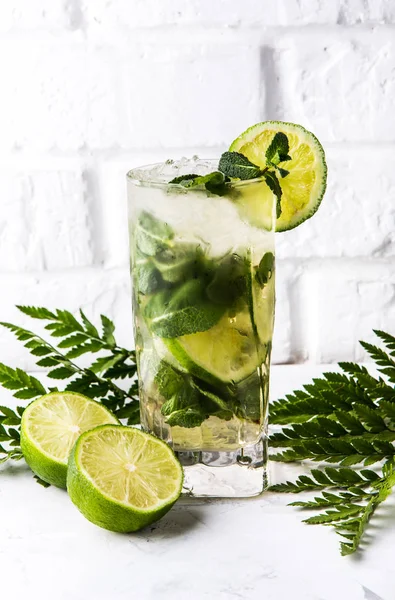 cool drink mojito with lime and mint on a white concrete wall background