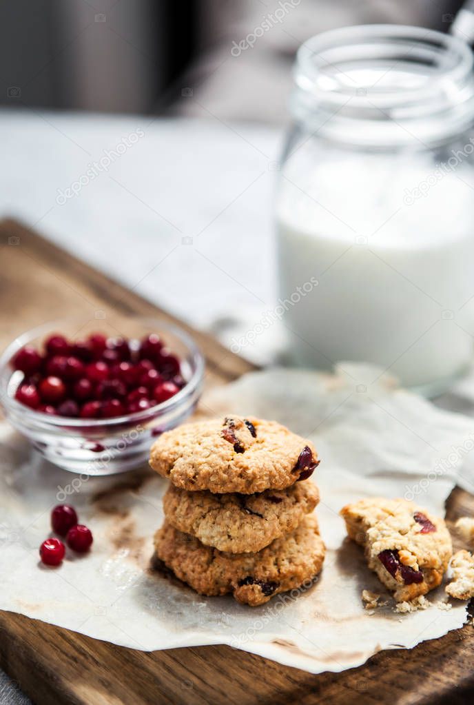 Pumpkin, oat cookies with cranberries on wooden background