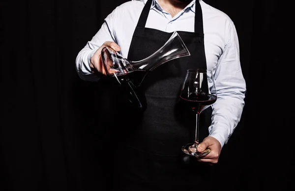Sommelier Pouring Red Wine Wineglass Dark Background — Stock Photo, Image