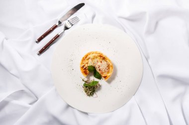 Tavuk, domates ve yeşillik üzerinde beyaz bir arka plan ile kiş