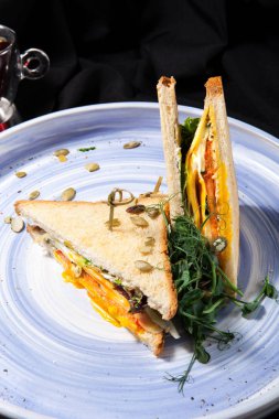 Peynir, yeşil ve mavi plaka ve koyu arka plan üzerinde siyah çay ile etli sandviç