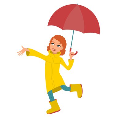 Kırmızı saçlı kız şemsiye yağmur damla düz stil izole resimde beyaz arka plan üzerinde hissetmek elini germe ile. EPS 8'de kaydedilen düzenlenebilir vektör grafikleri.