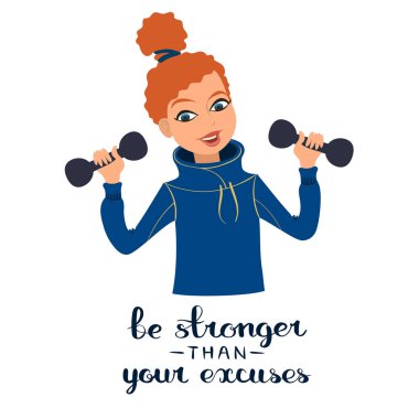 Kız dumbbells ile egzersiz. Özrünü güçlü olmalılar. Düz stil beyaz arka plan üzerinde illüstrasyon izole. EPS 8'de kaydedilen düzenlenebilir vektör grafikleri.