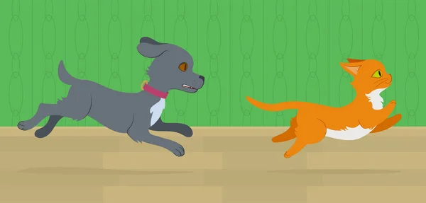 Cat running from dog through the room. Flat style illustration. Editable vector graphics in EPS 8.