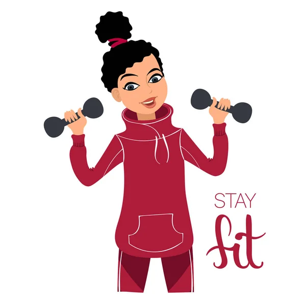 Kız dumbbells ile egzersiz. Fit kalmak. Düz stil beyaz arka plan üzerinde illüstrasyon izole. EPS 8'de kaydedilen düzenlenebilir vektör grafikleri.