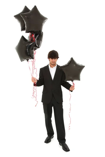 Beau Jeune Homme Costume Avec Des Ballons Noirs Sur Blanc — Photo