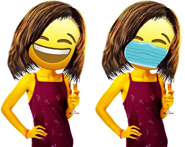 Emoji Party Meisje Champagne Drinken Met Masker Zonder — Stockfoto