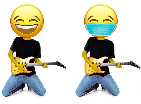 Emoji Adolescente Com Guitarra Com Sem Máscara Facial — Fotografia de Stock