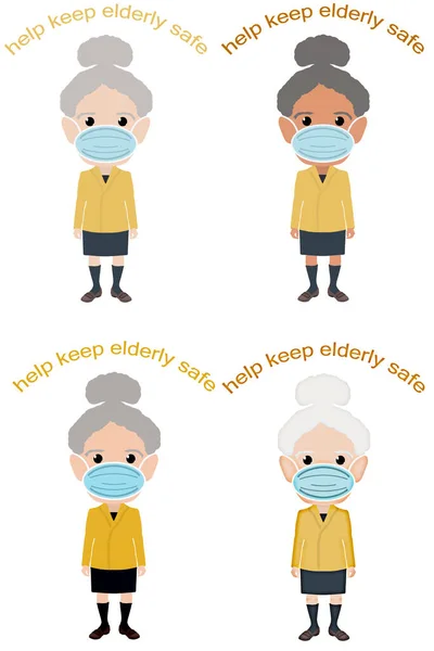 Set of Elderly women different illustration styles wearing face mask with Help Keep Elderly Safe message.