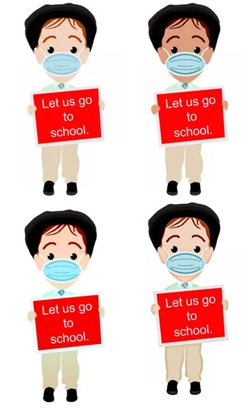 Menino Escola Máscara Com Leitura Sinais Deixe Nos Para Escola — Fotografia de Stock