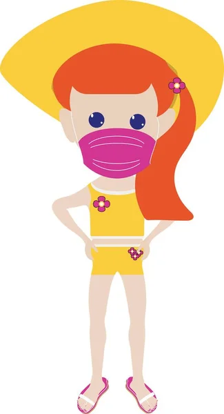 Illustration Girl Yellow Hat Swimsuit Pink Face Mask — 스톡 사진