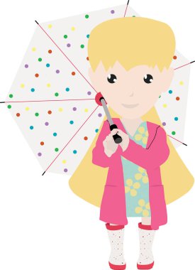 Pembe yağmurluklu ve botlu sevimli kız açık bir unbrella tutuyor.
