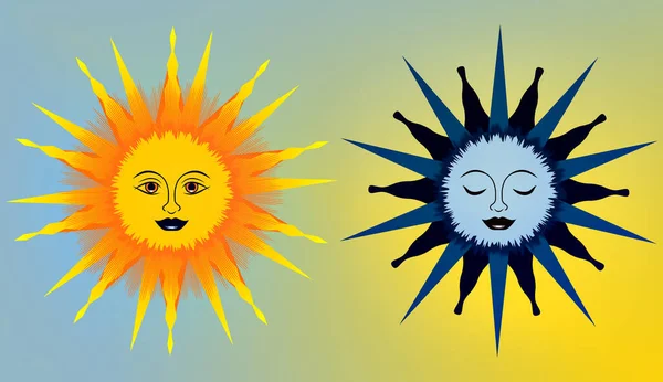 Ilustracja Słońca Księżyca Para Twarzami — Zdjęcie stockowe