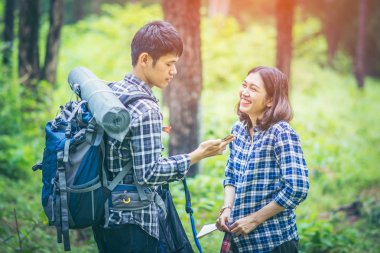 Asyalılar Genç çiftler, tartışmalar ve çalışma çam ormanı içinde yollarının yürüyüşçüler vardır. Genç adam akıllı telefon elele ve çoğu Gps harita verileri için arama.