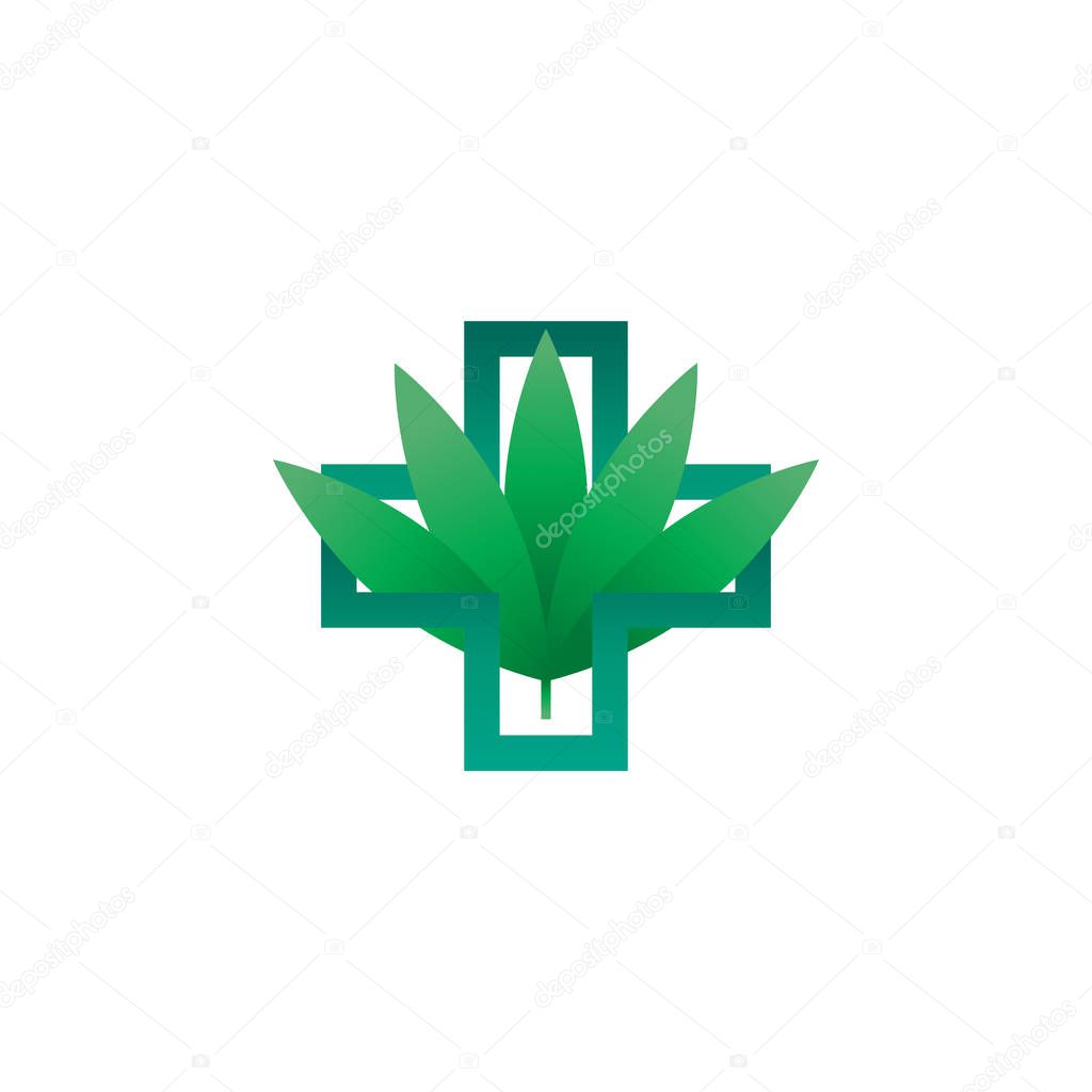 Abstract green health cross outline with marijuana inside logo design concept vector