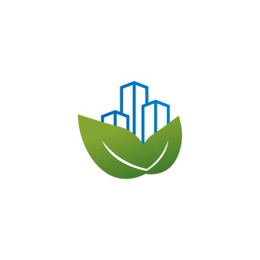 Logo şablonu vektör yaprak ile bina gökdelen