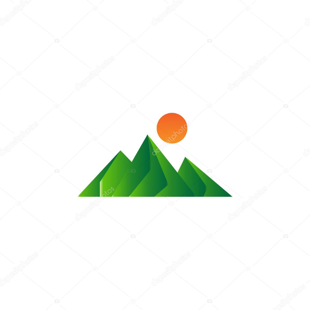 Green gradient mountain low poly with sun vector