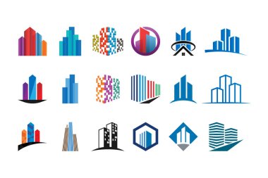 Renkli bina logo toplama tasarım şablonu vektör