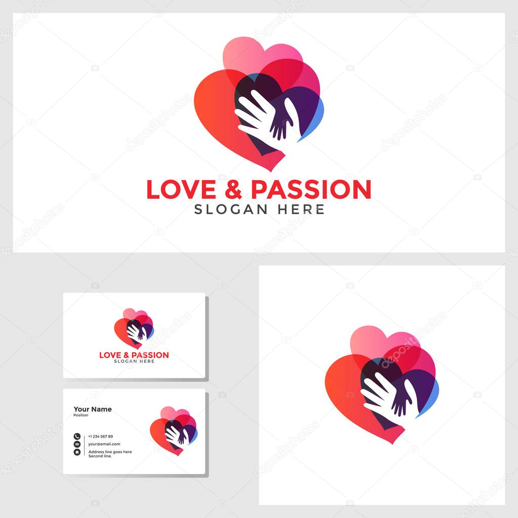 Love passion logo template with business card design mockup vector