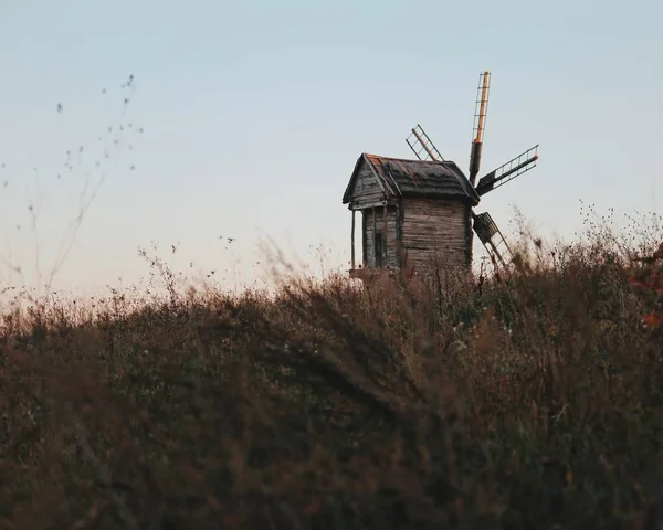 Gün batımında bir tarlada yel değirmeni