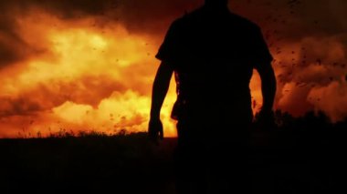 Dalgalı tişörtlü adamın silueti yanan gökyüzüne ve uçan kuşlara gidiyor.