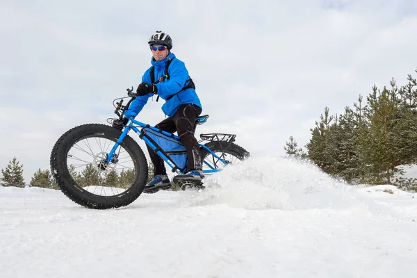 Fat Bike Young Man Riding Fat Bicycle Winter — Stock Photo, Image