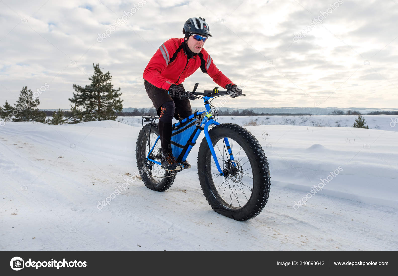 Young Man Riding Fat Bicycle Winter Fat Tire Bike Stock Photo by