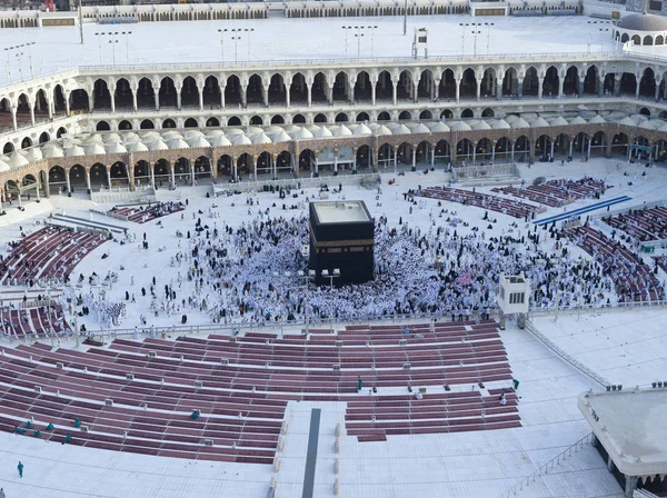 Oração Tawaf Muçulmanos Torno Alkaaba Meca Arábia Saudita Vista Aérea — Fotografia de Stock