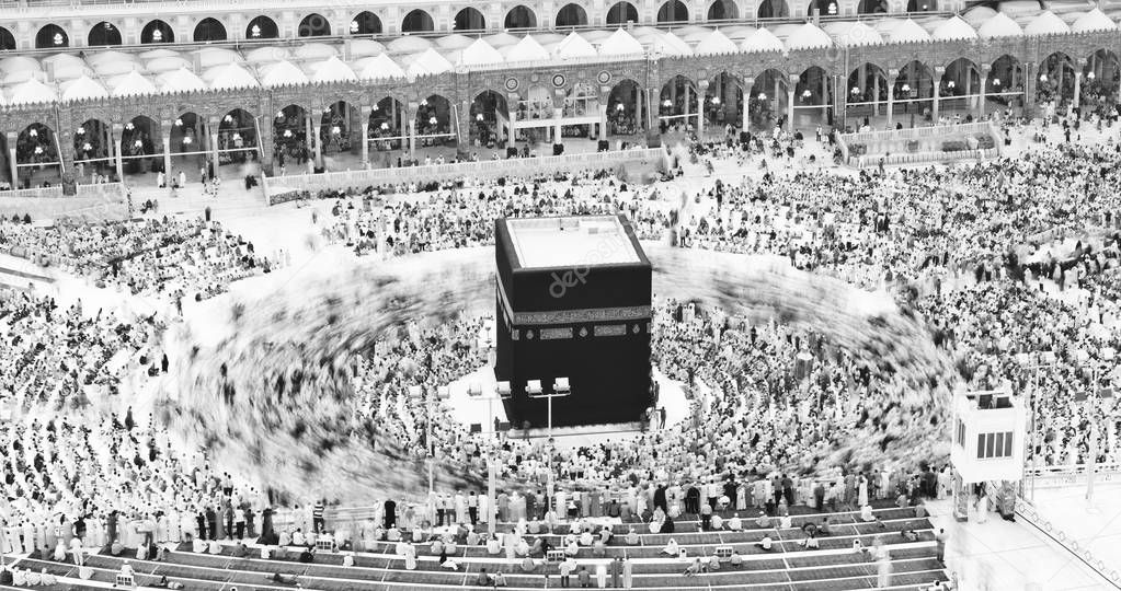 Prayer and Tawaf - circumambulation - of Muslims Around AlKaaba in Mecca, Saudi Arabia, Aerial Top View