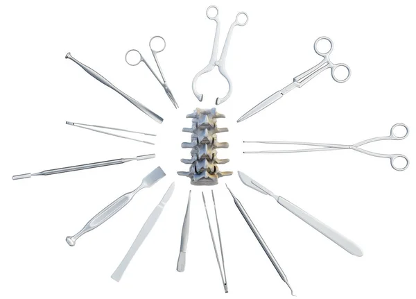 Medical surgical instruments around the part of the diseased spine. 3D illustration. — Stock Photo, Image
