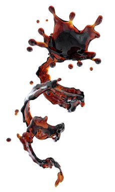 Alkol, kola, kahve sıvı sıçraması izole damlacıkları ile. 3D çizim