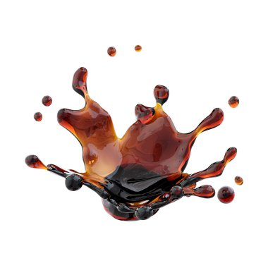 Alkol, kola, kahve sıvı sıçrama izole damlacıkları ile. 3D çizim