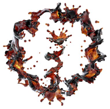 Alkol, kola, kahve sıvı sıçraması izole damlacıkları ile. 3D çizim